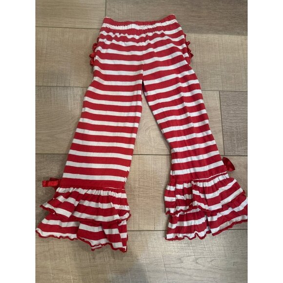 Red & White Striped Girls Ruffle Butt Pants With Frilly Hem & Bow Accents Cotton - Picture 1 of 6